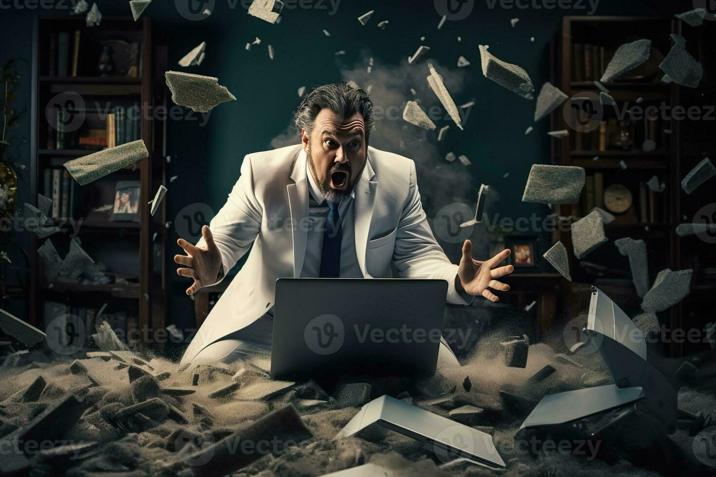 AI generated A angry businessman Throw a broken computer on the floor photo