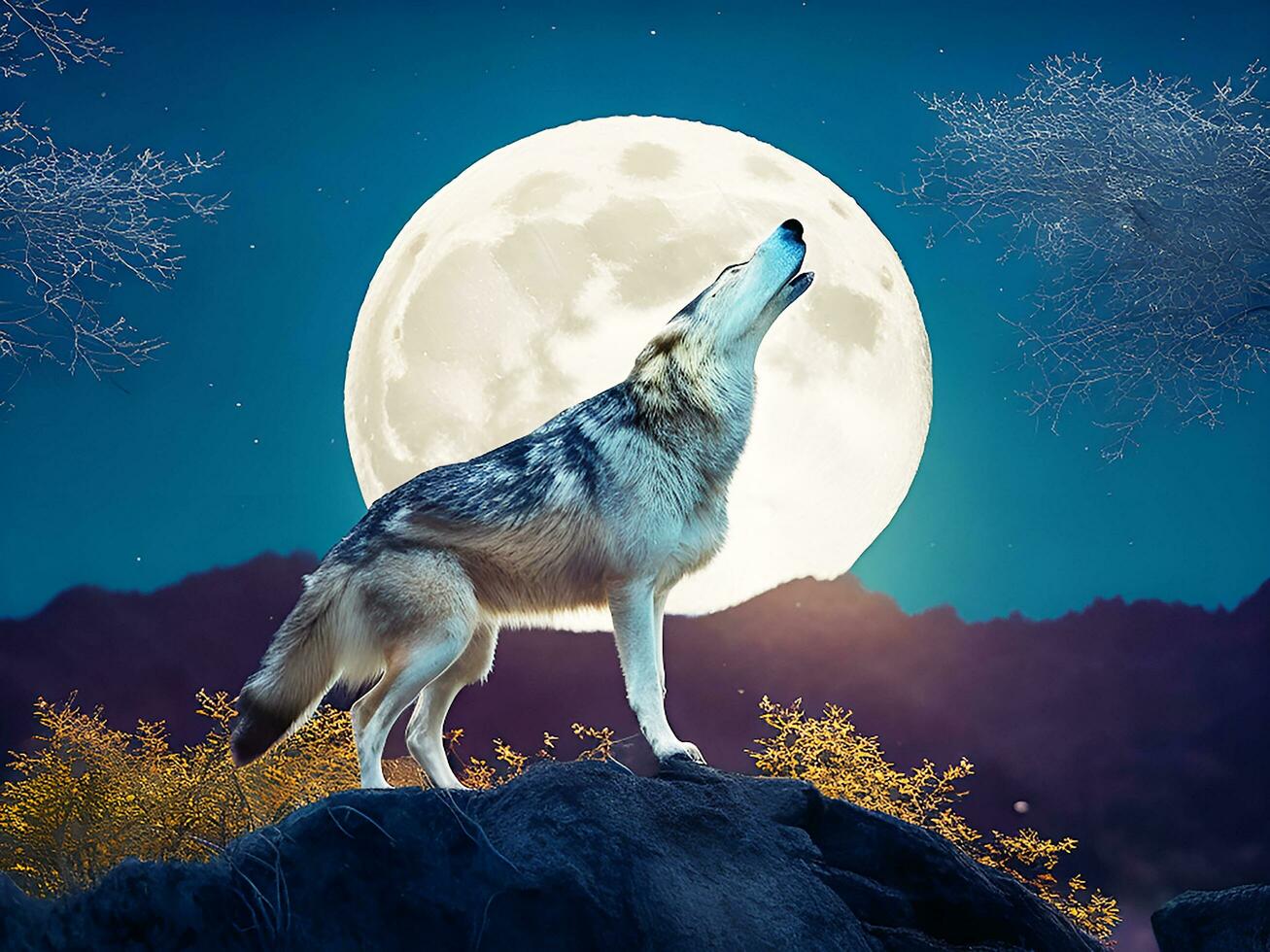AI generated Howling wolf against the full moon background and the wilderness Neural network ai generated photo