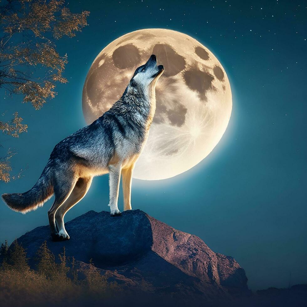 AI generated Howling wolf against the full moon background and the wilderness Neural network ai generated photo