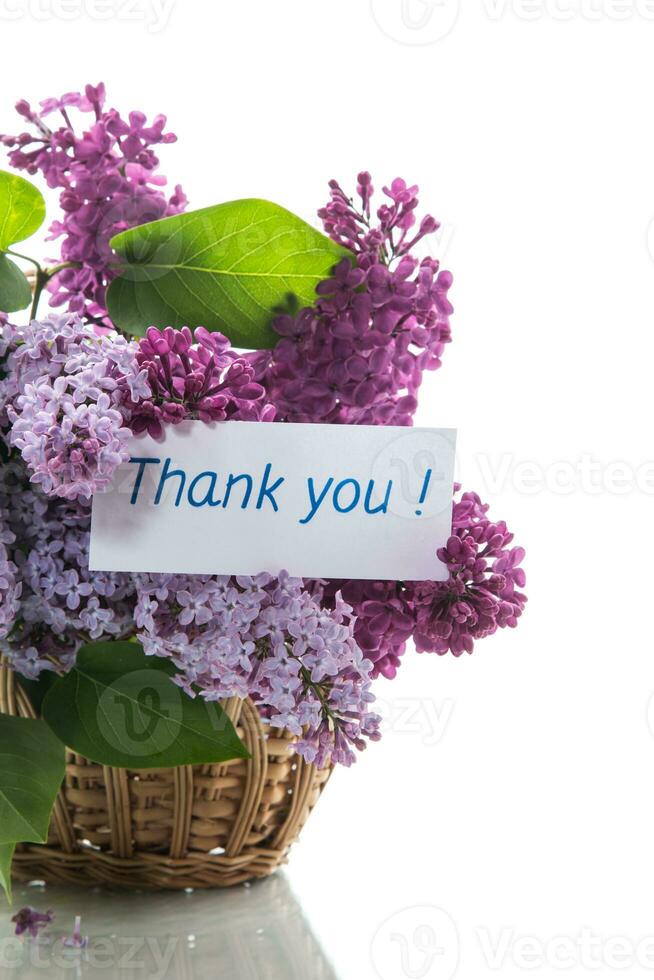 bouquet of different blooming spring lilacs in basket on white background photo