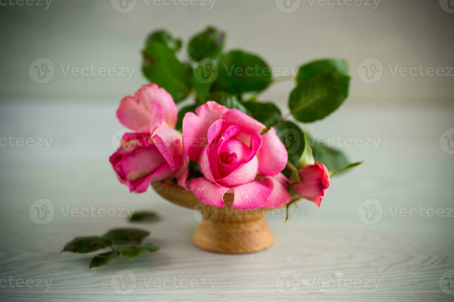 pink beautiful summer roses on wooden table photo