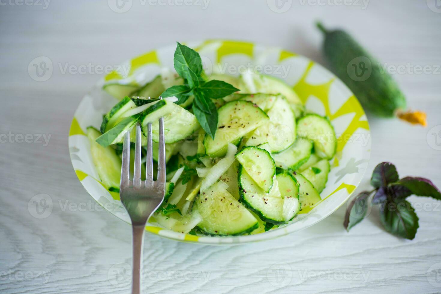 fresh organic cucumber salad with herbs and basil in a plate photo