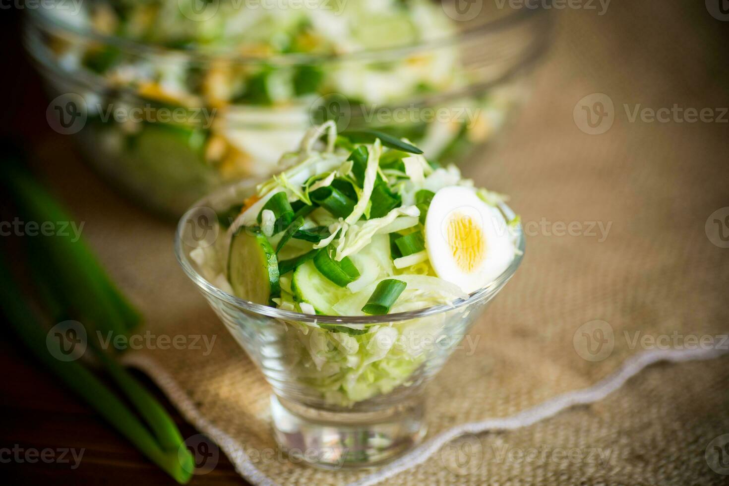 spring salad with early cabbage, cucumbers, eggs and green onions photo