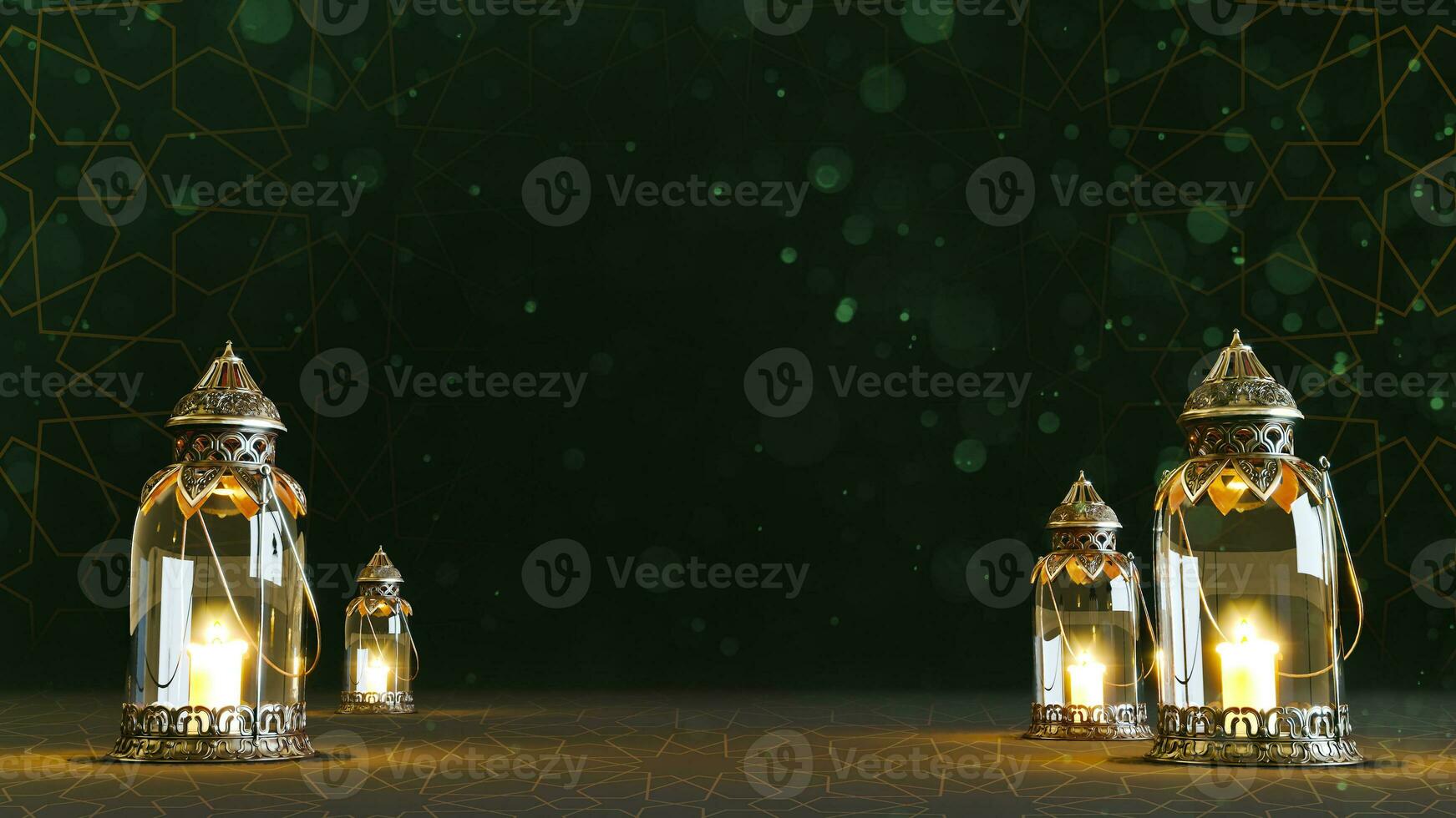 3D render of golden shiny fanous on dark background, eid. ramadan kareem background concept photo