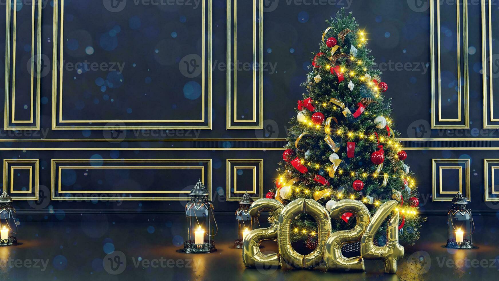 3D render of Decorated Christmas tree on blurred  background and happy new year concept 2024, 2024 balloons photo