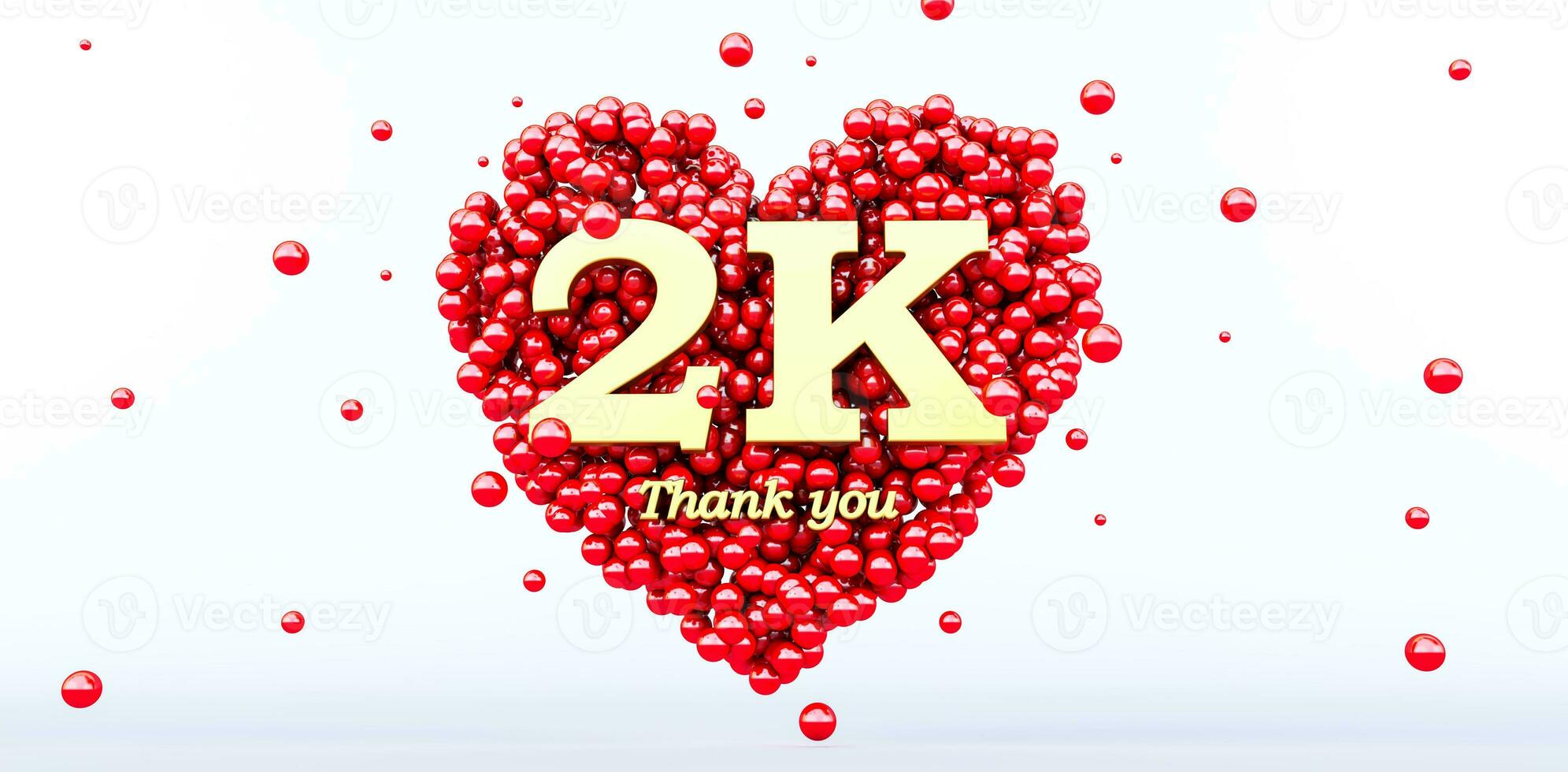 3D render of a gold 2000 followers thank you isolated on white background, 2k, red heart and red balloons, ball. photo