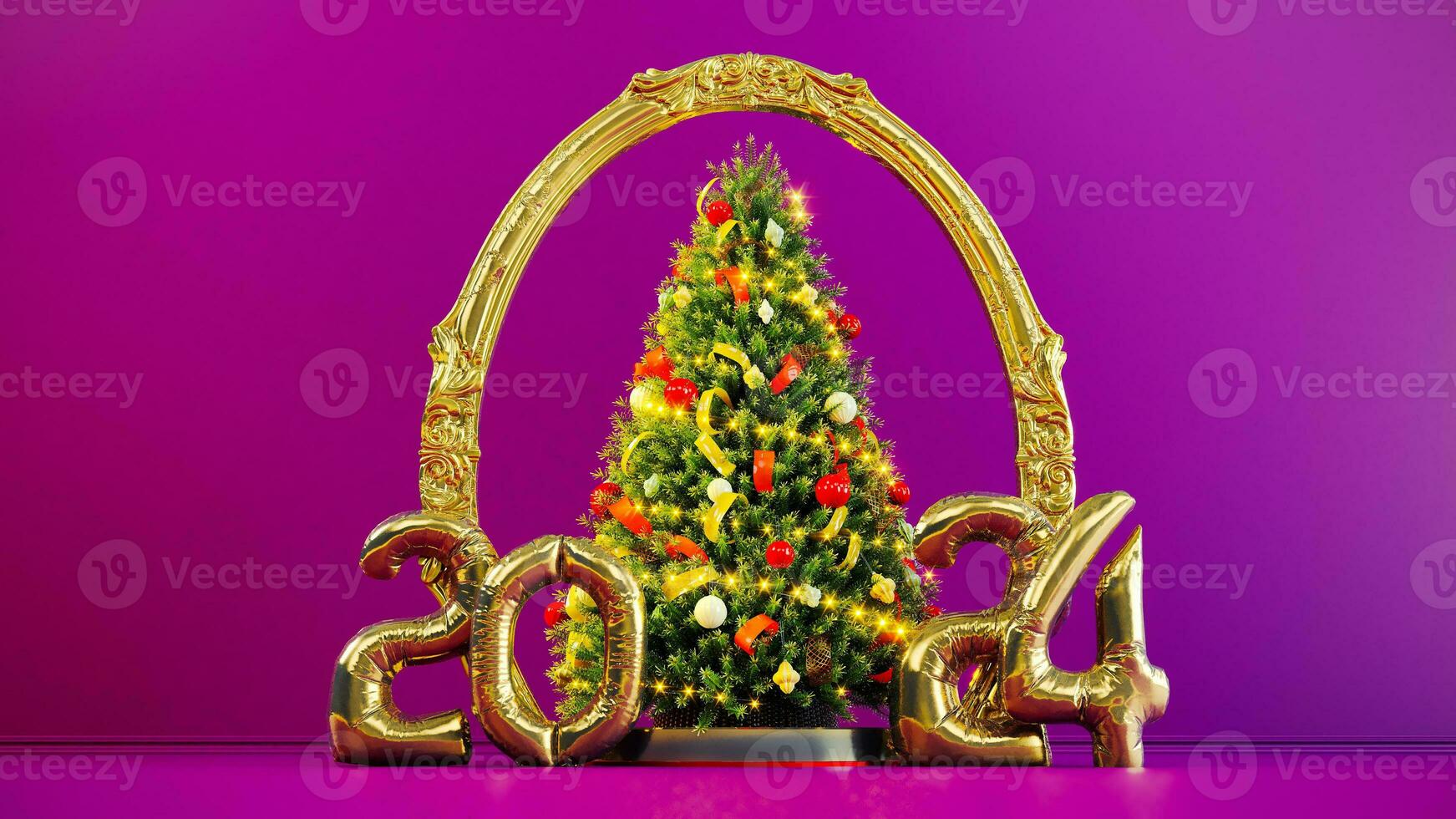 golden Happy New Year 2024 in colored background with christmas tree. photo