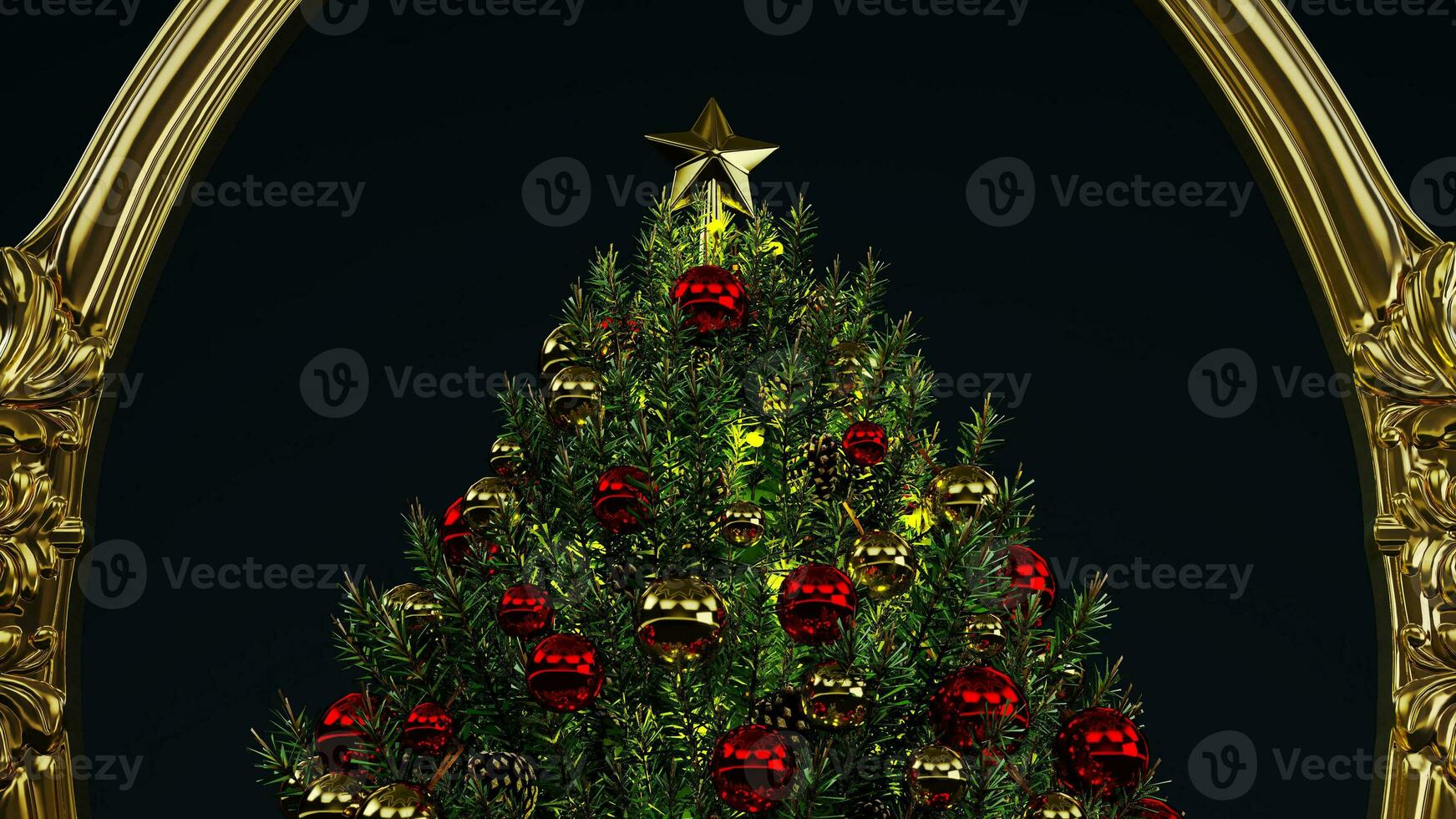 3D render of Decorated Christmas tree on dark background, new year concept photo