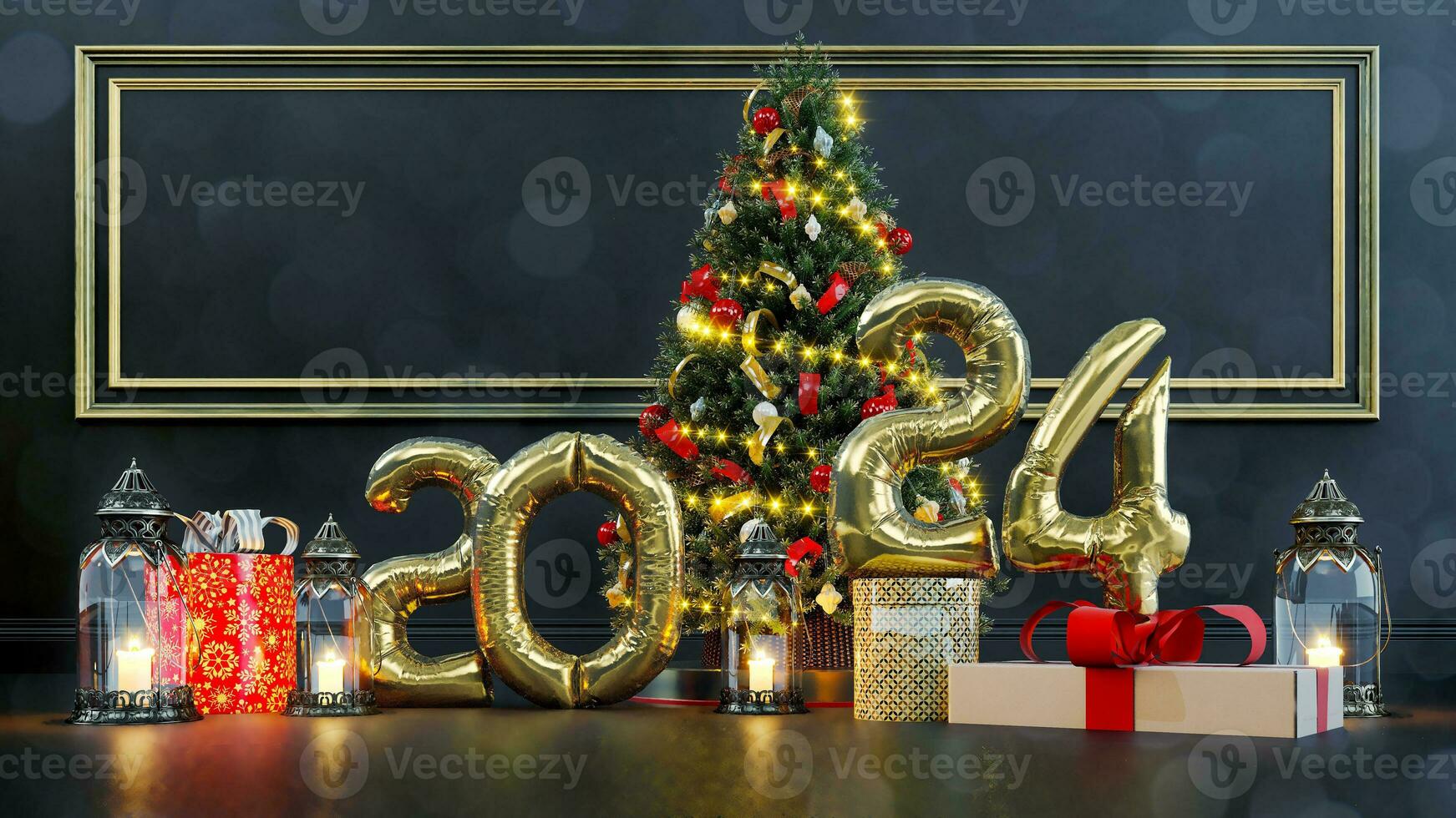 3D render of Decorated Christmas tree on blurred  background and happy new year concept 2024, 2024 balloons photo