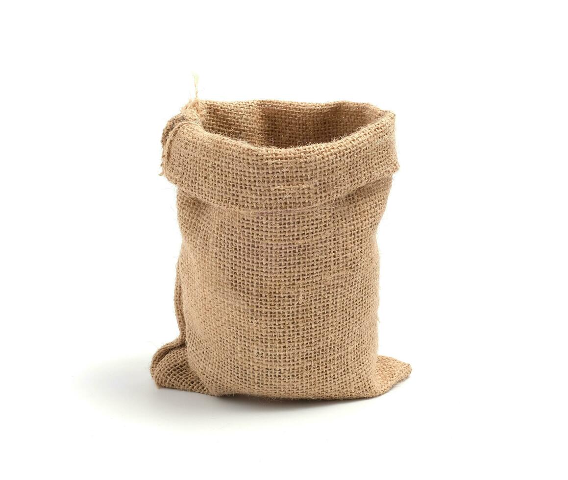 Brown empty sack bag, small isolated on white background photo