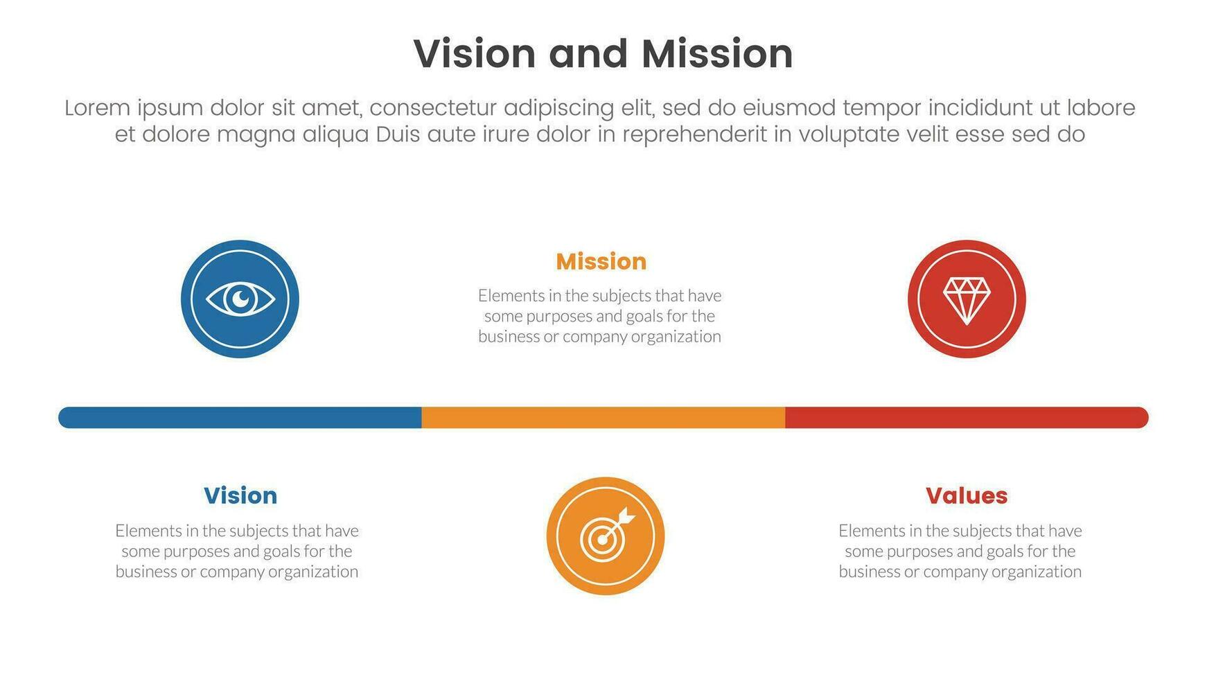 negocio visión misión y valores análisis herramienta marco de referencia infografía con pequeño circulo cronograma equilibrar 3 punto etapas concepto para diapositiva presentación vector