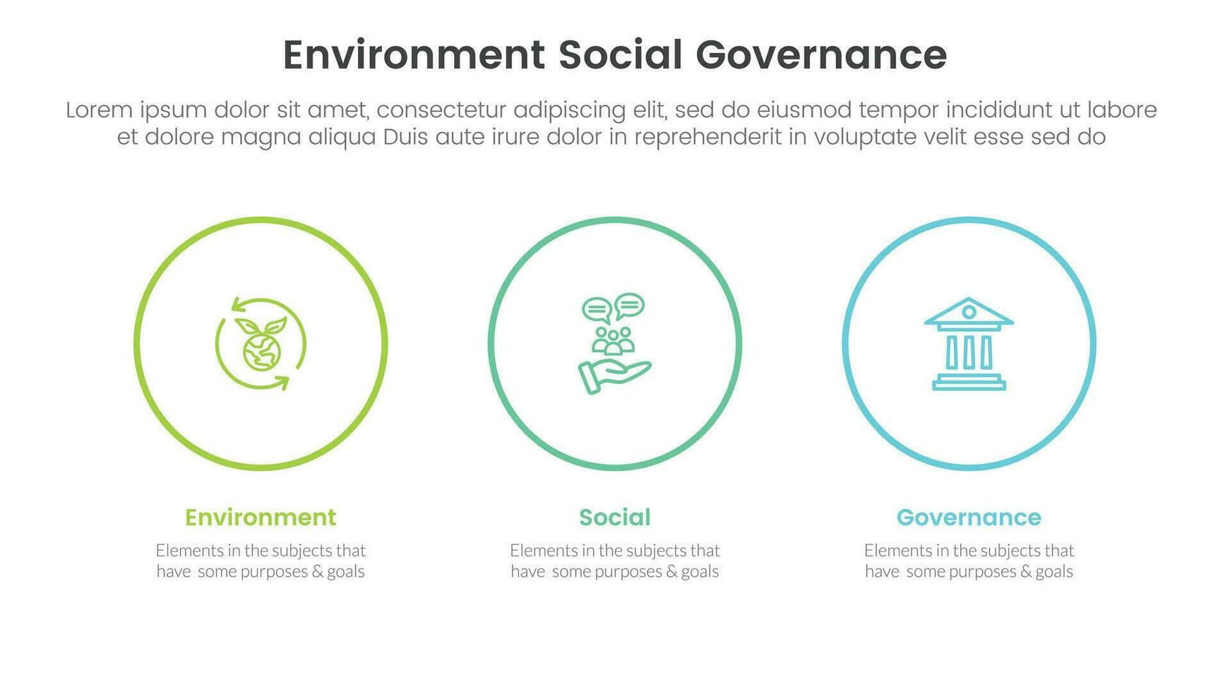 esg environmental social and governance infographic 3 point stage template with big circle outline horizontal concept for slide presentation vector