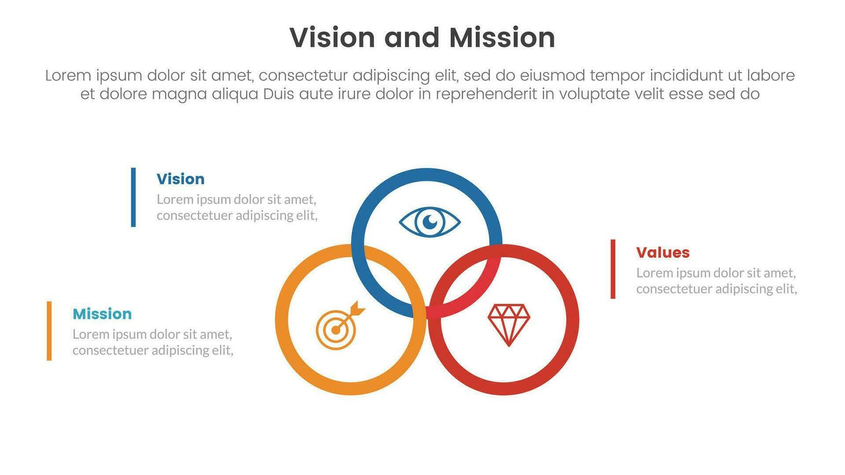 business vision mission and values analysis tool framework infographic with big circle union or joined on center 3 point stages concept for slide presentation vector