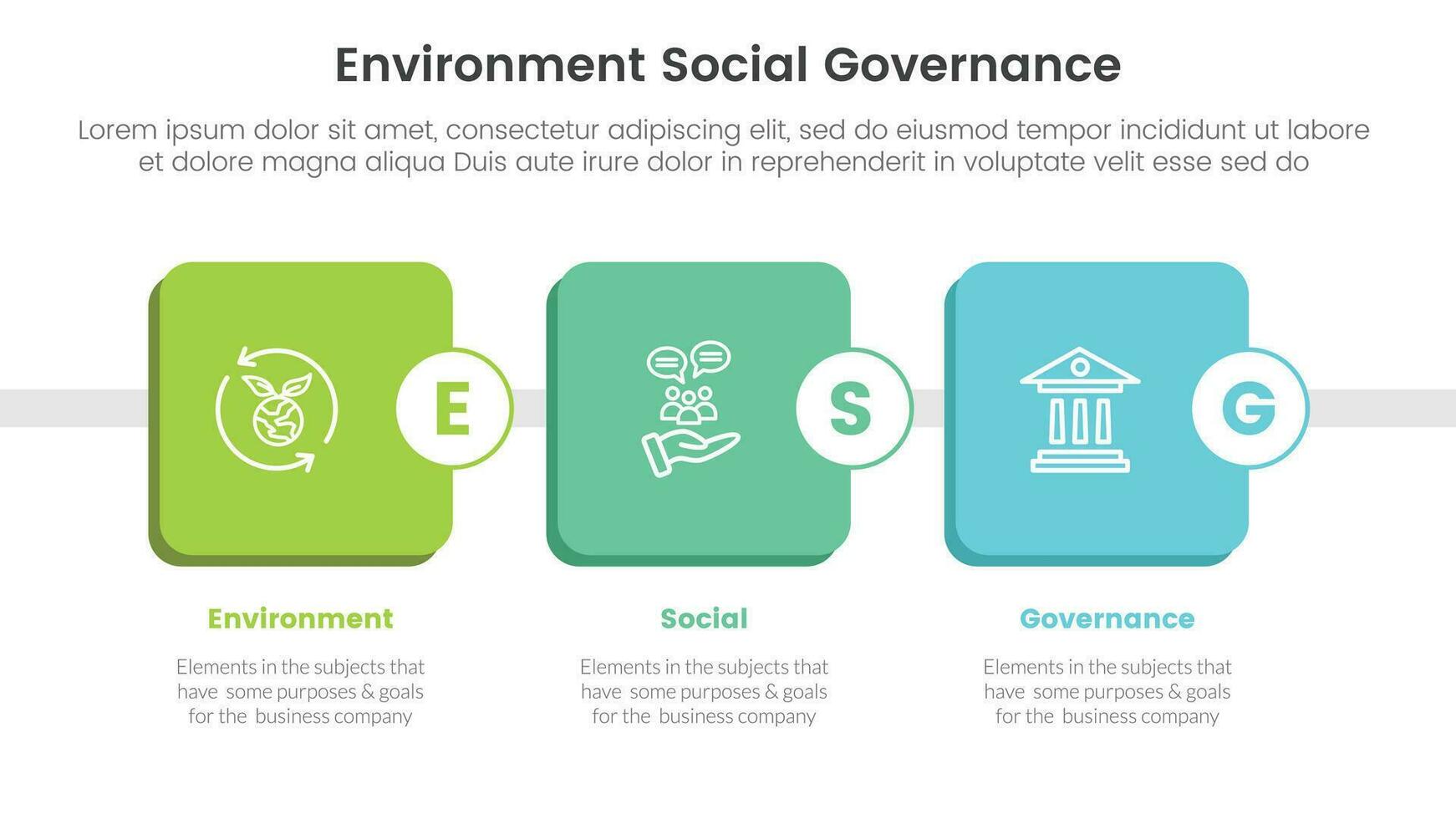 esg environmental social and governance infographic 3 point stage template with round square box timeline concept for slide presentation vector