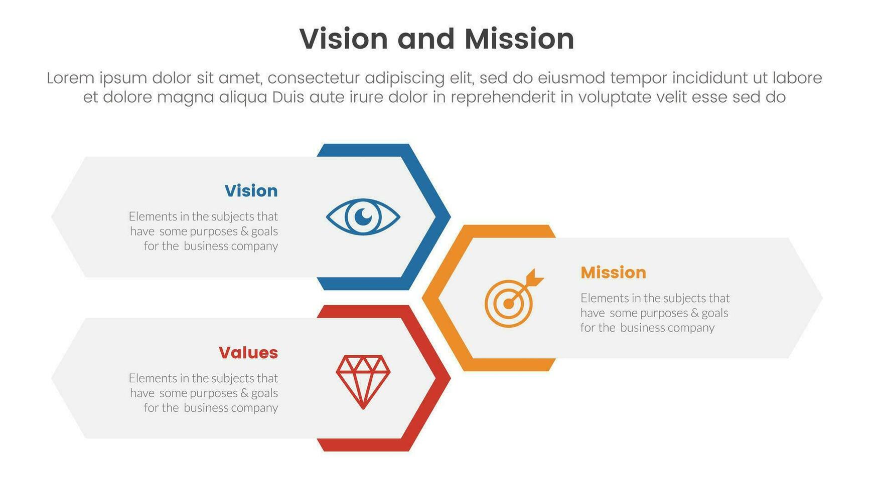 business vision mission and values analysis tool framework infographic with vertical honeycomb shape layout 3 point stages concept for slide presentation vector