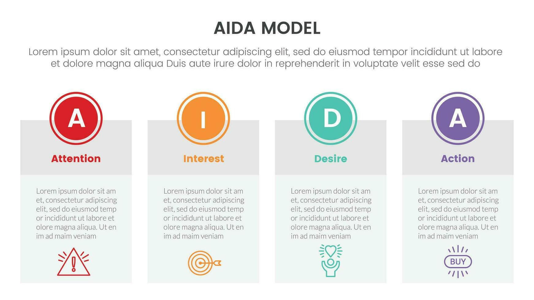 aida model for attention interest desire action infographic concept with big boxed banner table 4 points for slide presentation style vector