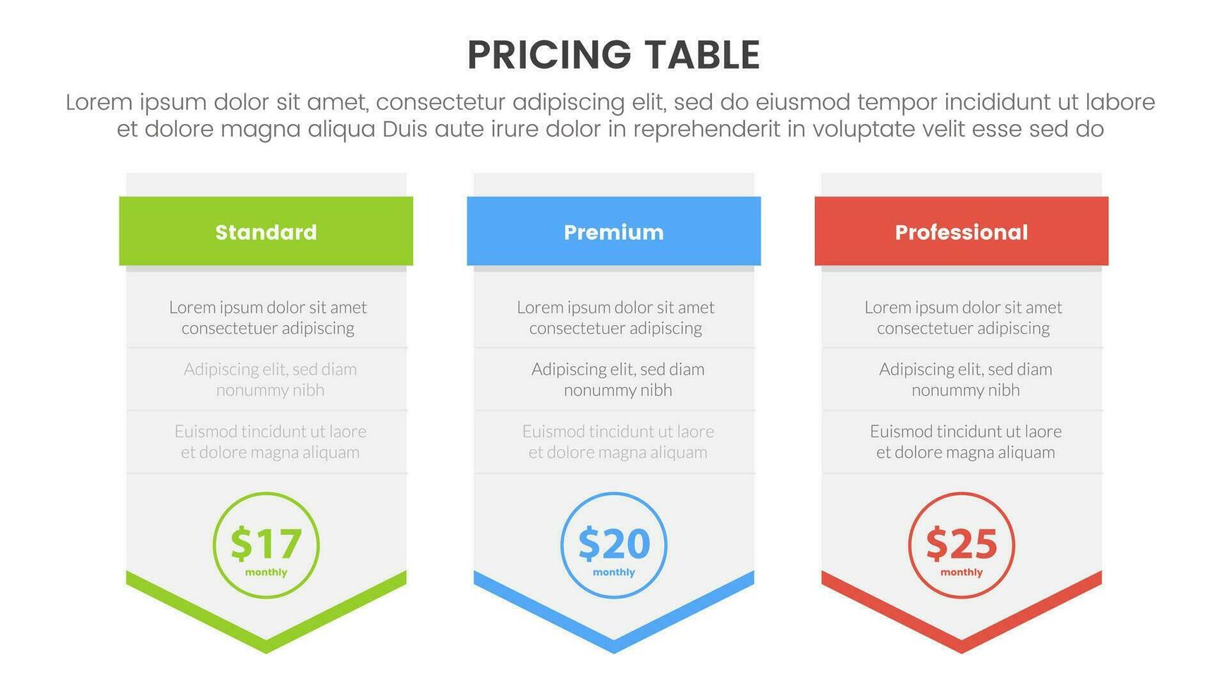 pricing table or price comparison infographic 3 point stage template with big box arrow down direction for slide presentation vector