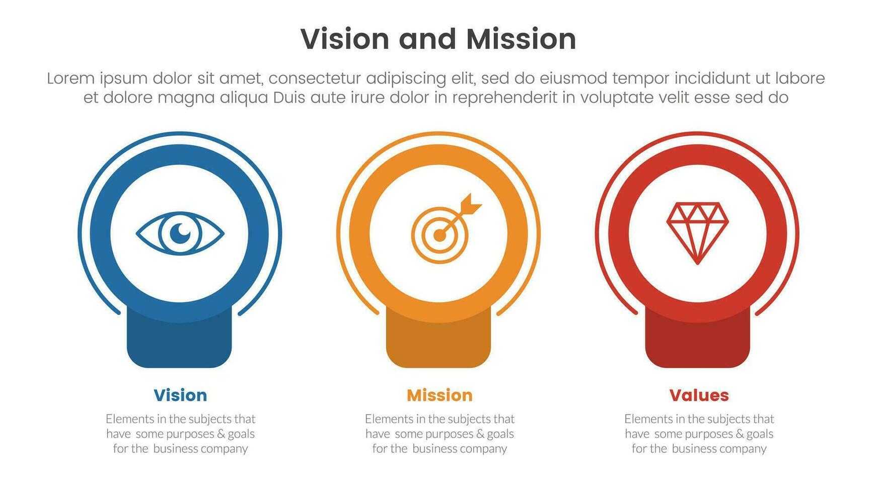 negocio visión misión y valores análisis herramienta marco de referencia infografía con Insignia circulo bandera forma 3 punto etapas concepto para diapositiva presentación vector