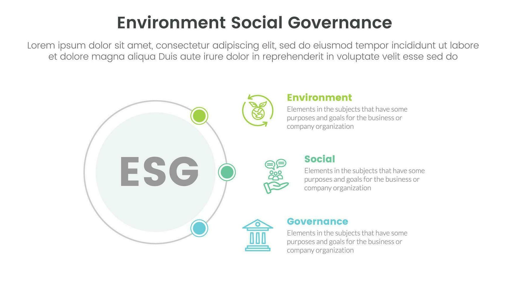 esg environmental social and governance infographic 3 point stage template with circle and connecting content concept for slide presentation vector