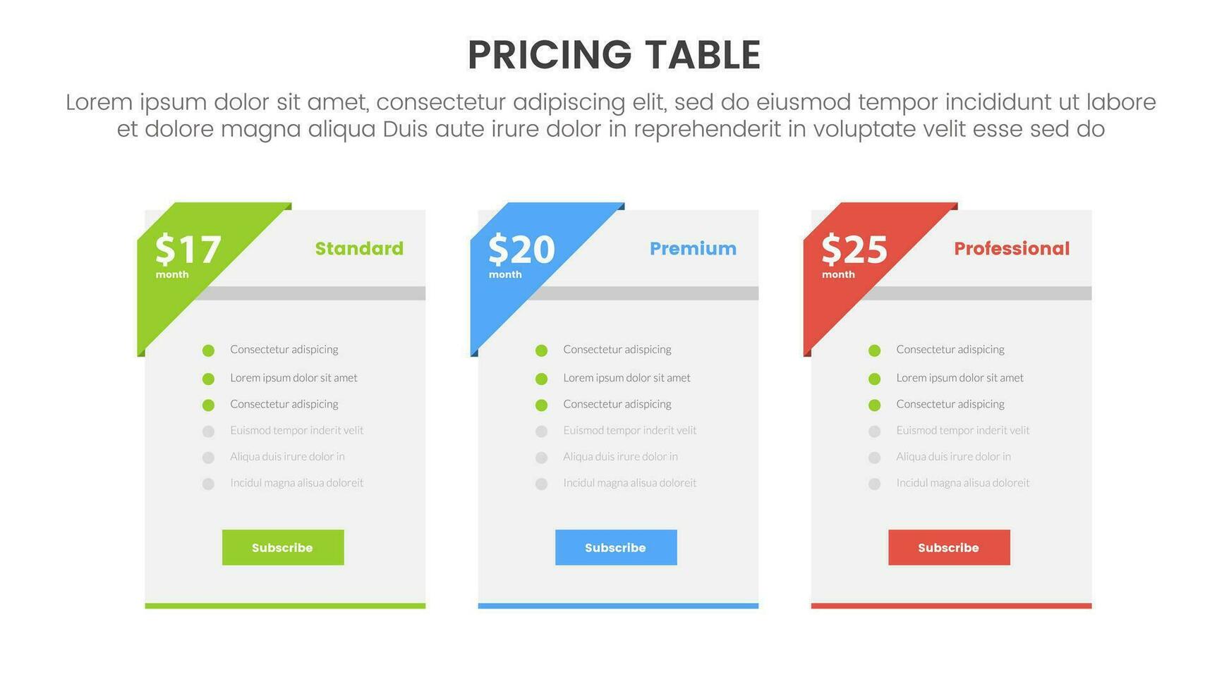 pricing table or price comparison infographic 3 point stage template with box table and header badge for slide presentation vector