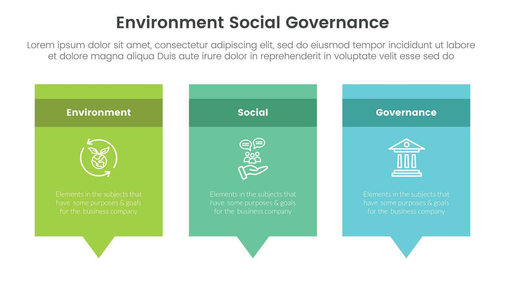 esg environmental social and governance infographic 3 point stage template with rectangle box and callout comment dialog concept for slide presentation vector