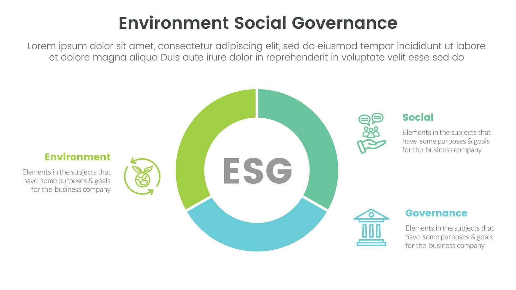esg environmental social and governance infographic 3 point stage template with circle pie chart diagram cutted outline concept for slide presentation vector