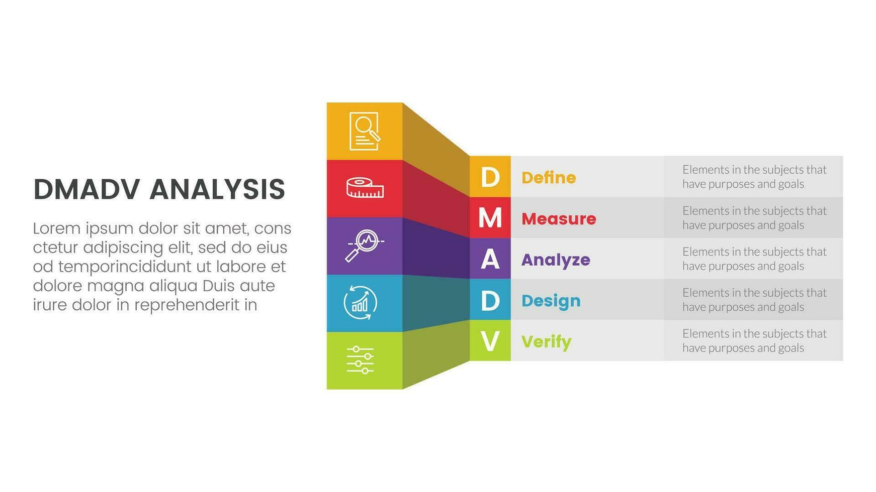 dmadv six sigma framework methodology infographic with box table shadow 3d style information 5 point list for slide presentation vector