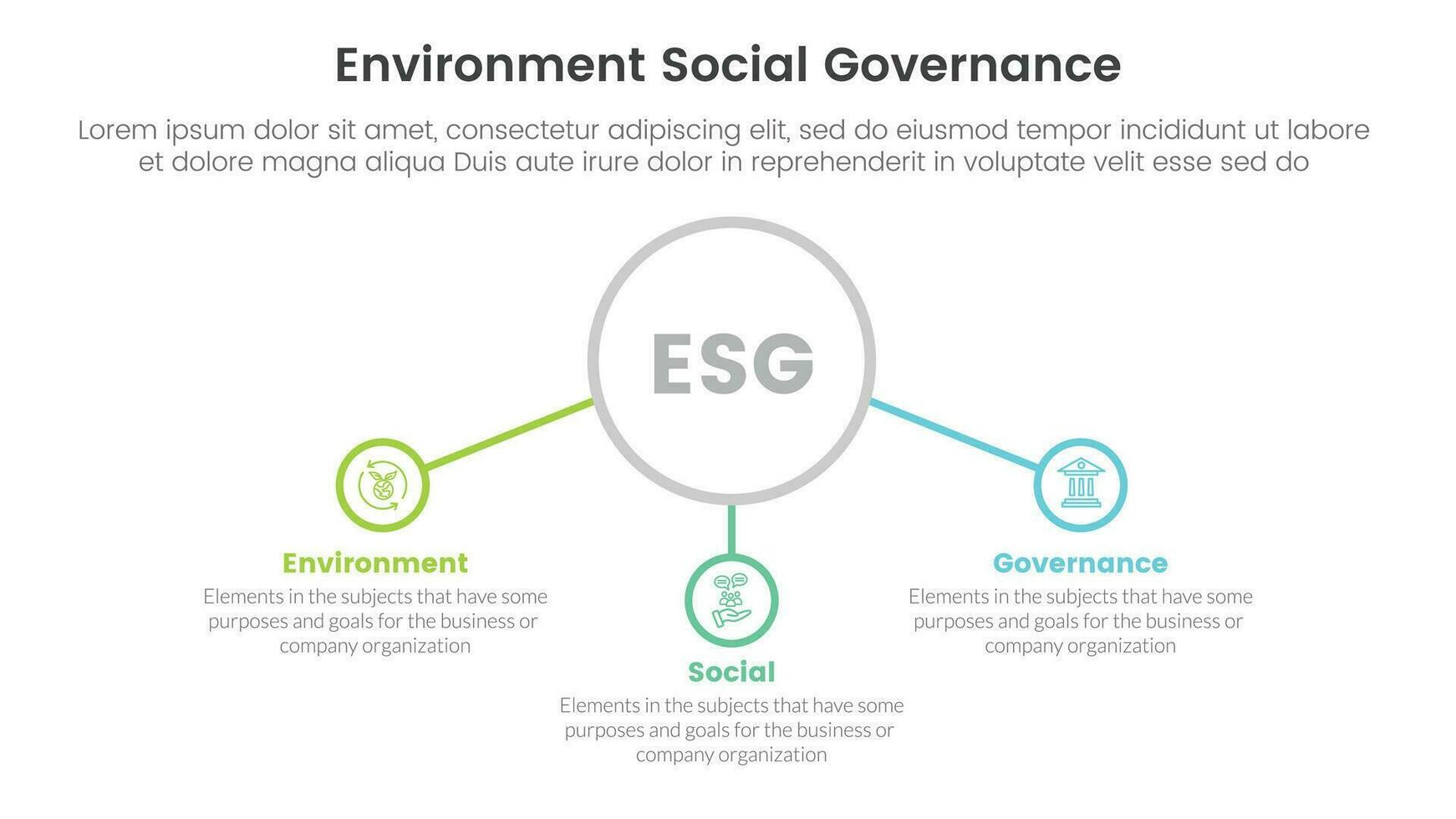 esg environmental social and governance infographic 3 point stage template with center circle and related icon concept for slide presentation vector