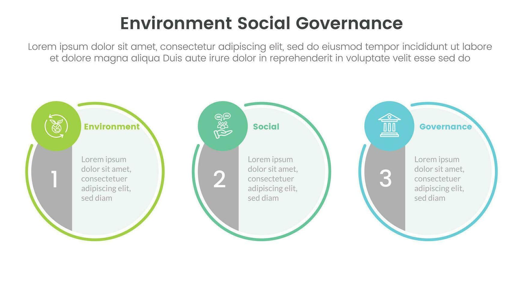 esg ambiental social y gobernancia infografía 3 punto etapa modelo con grande circulo simétrico y pequeño circulo concepto para diapositiva presentación vector