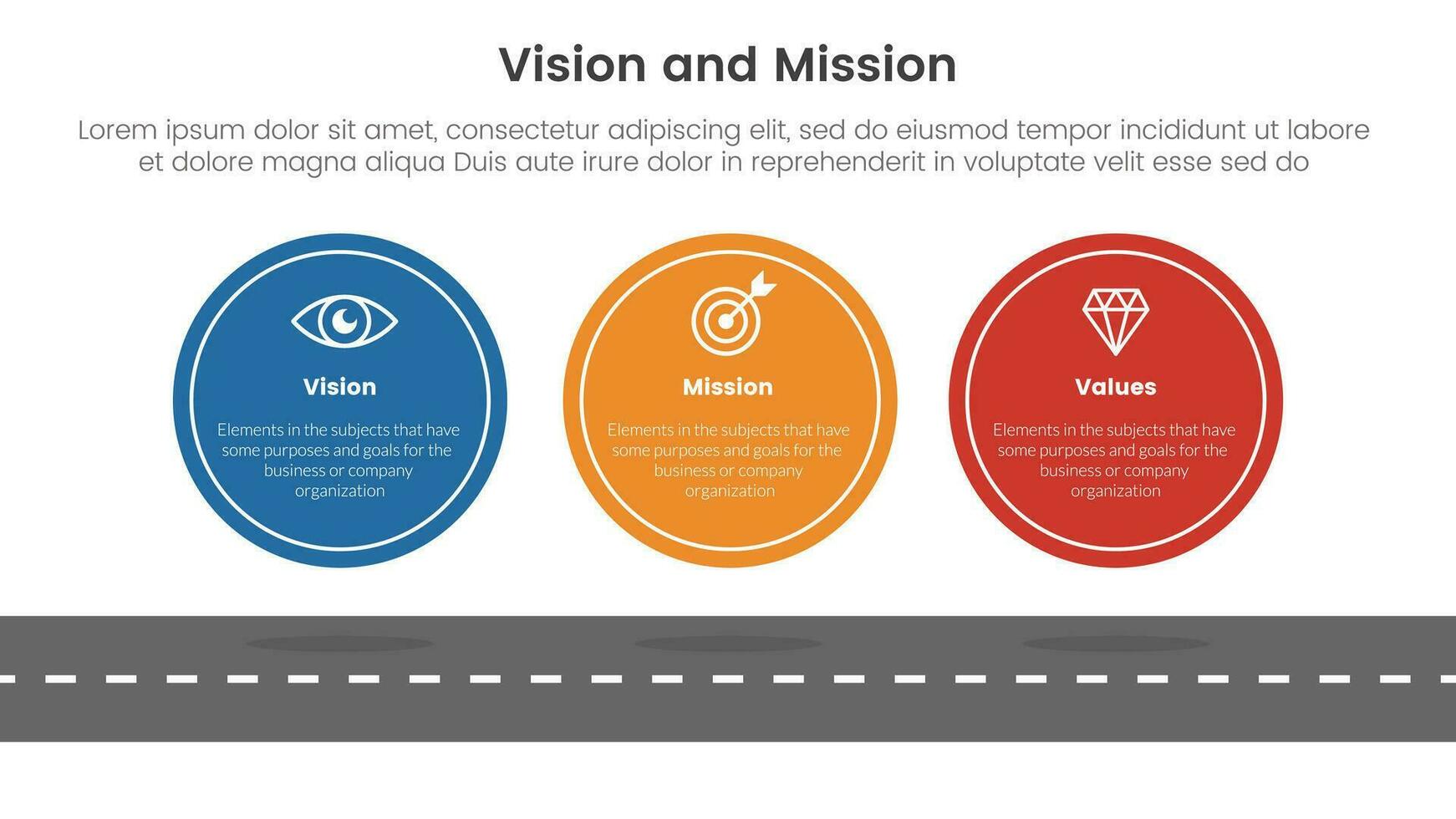 business vision mission and values analysis tool framework infographic with big circle symmetric horizontal 3 point stages concept for slide presentation vector