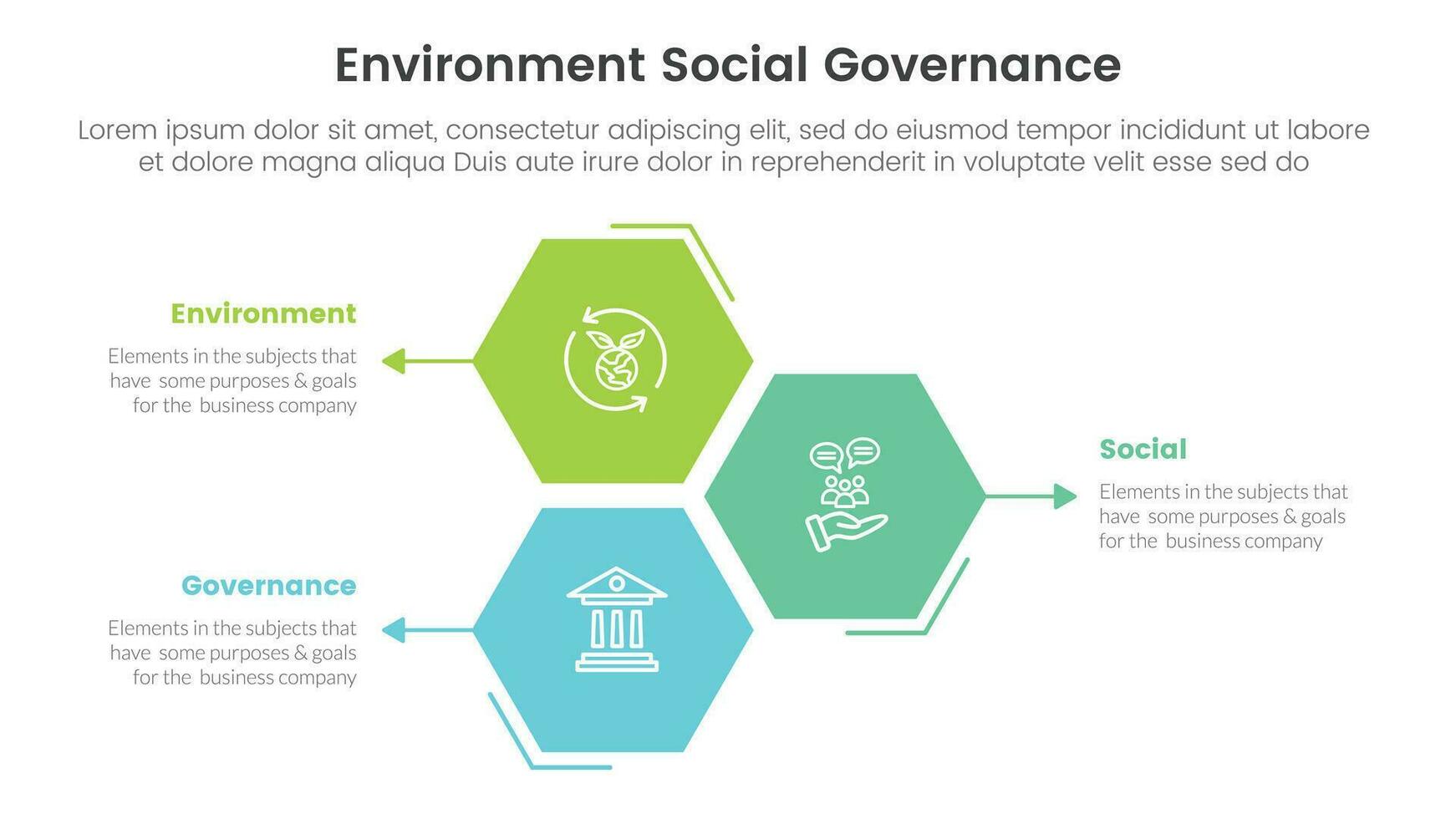 esg environmental social and governance infographic 3 point stage template with honeycomb shape vertical direction concept for slide presentation vector