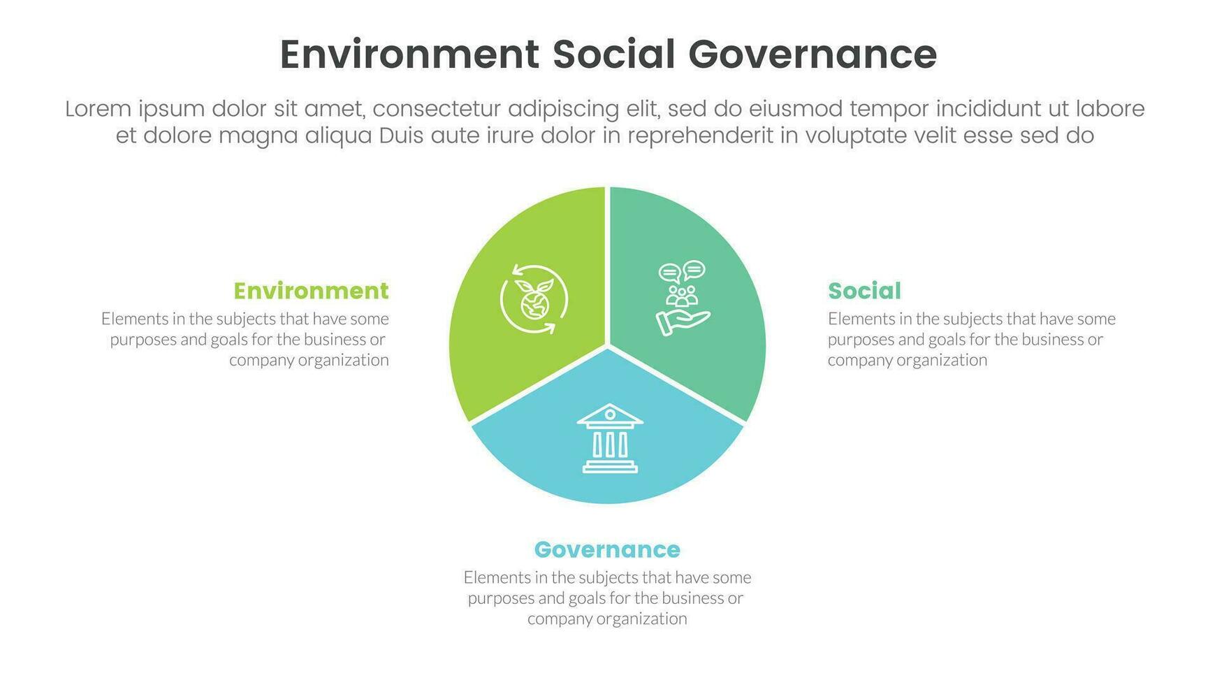 esg environmental social and governance infographic 3 point stage template with circle chart diagram concept for slide presentation vector