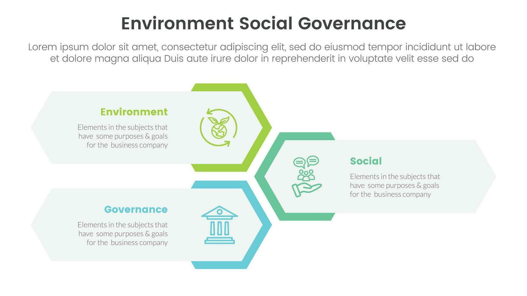 esg environmental social and governance infographic 3 point stage template with vertical honeycomb shape layout concept for slide presentation vector