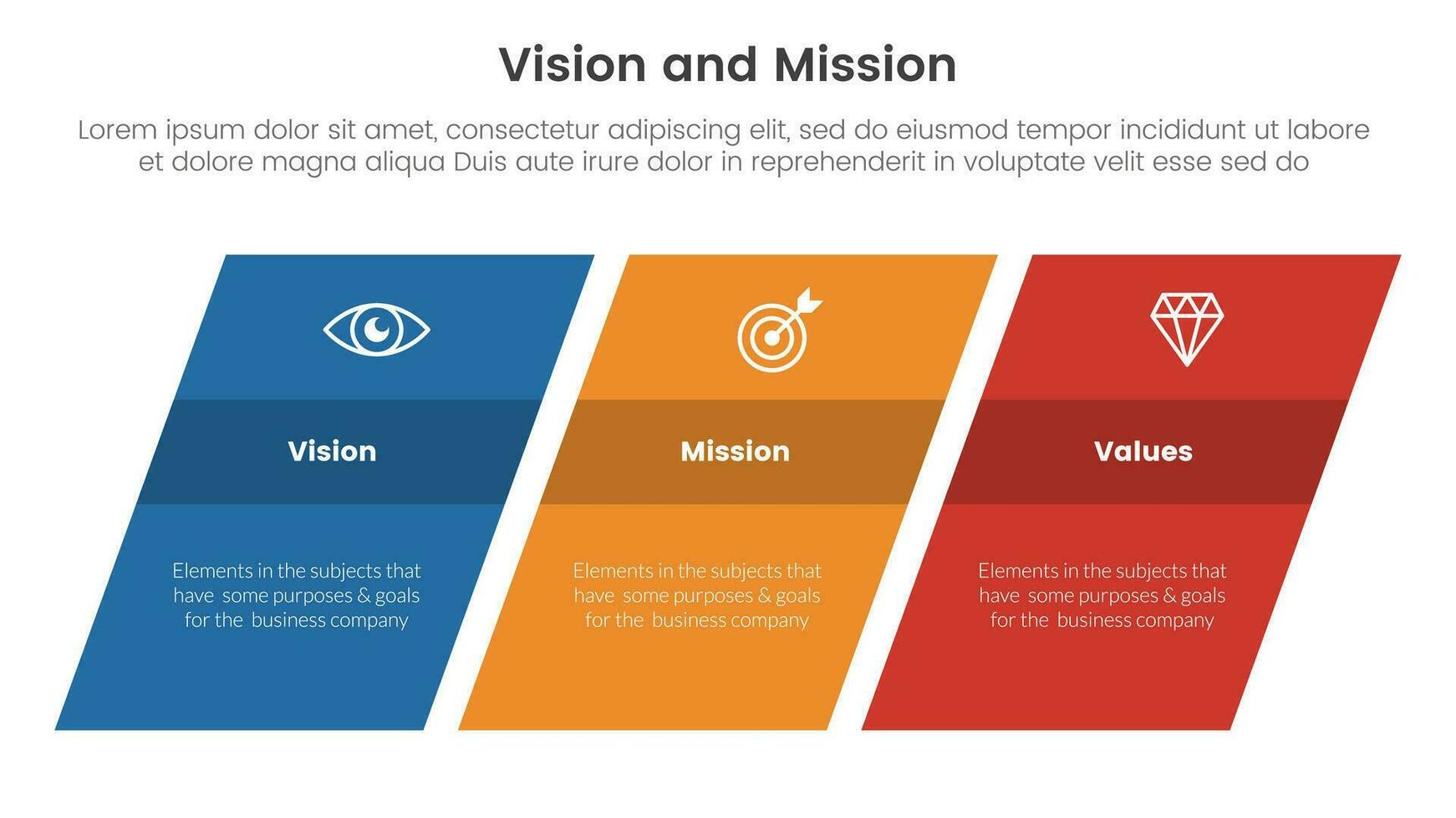 business vision mission and values analysis tool framework infographic with rectangle skew or skewed 3 point stages concept for slide presentation vector