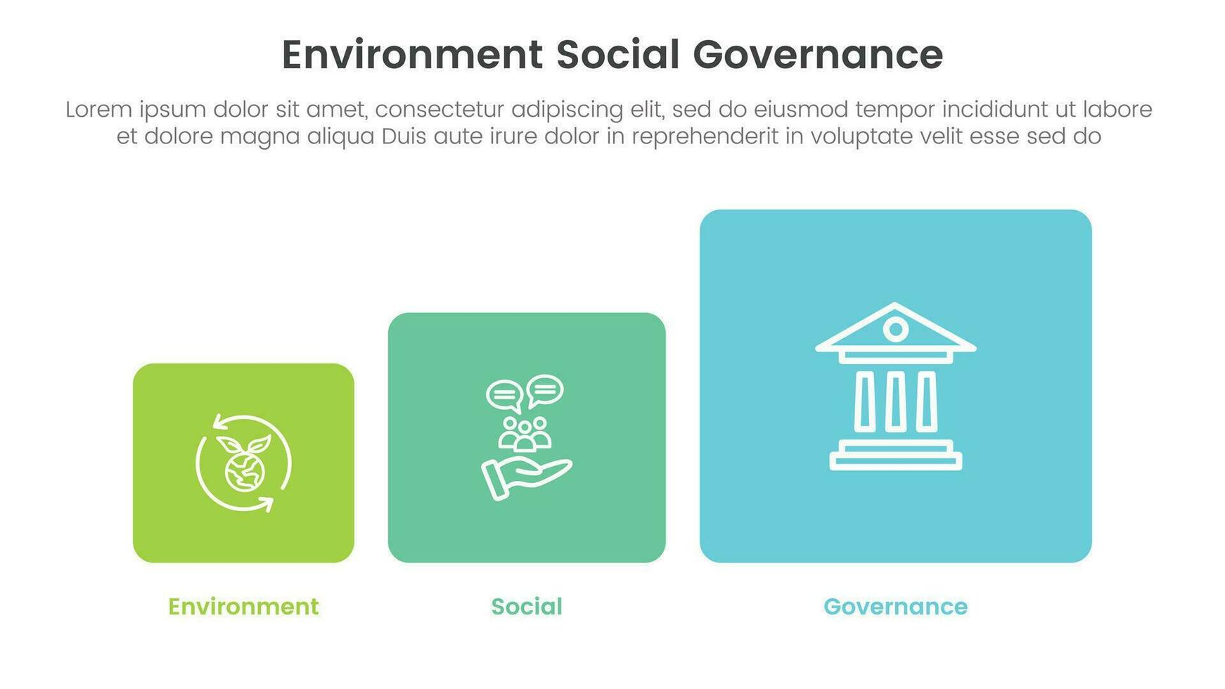 esg environmental social and governance infographic 3 point stage template with round square box small to big concept for slide presentation vector