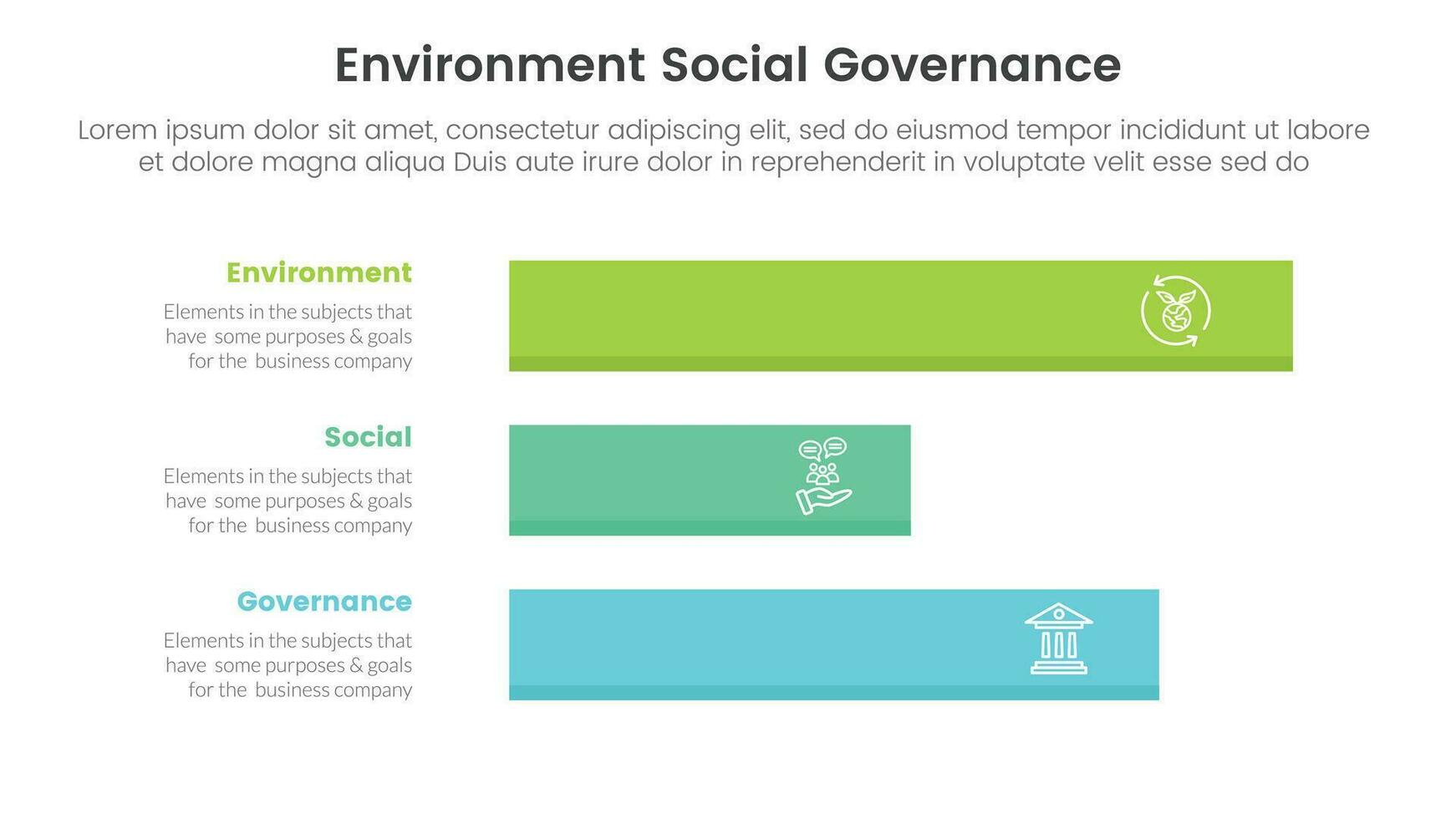 esg ambiental social y gobernancia infografía 3 punto etapa modelo con horizontal largo datos caja concepto para diapositiva presentación vector