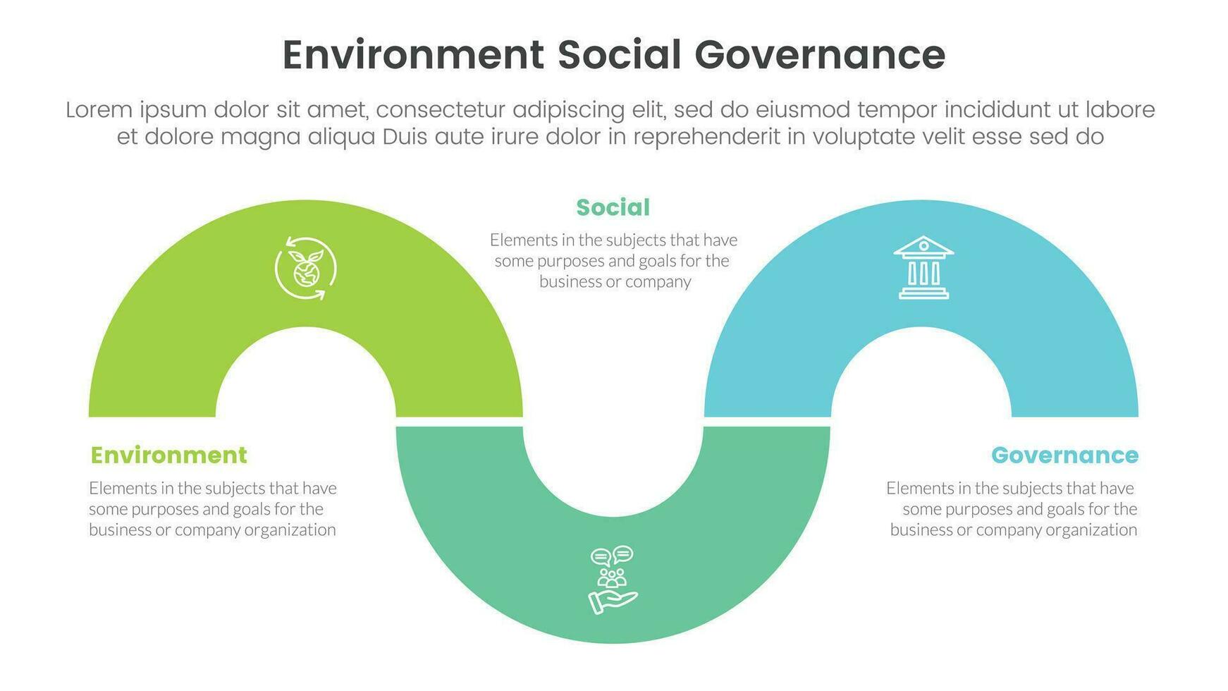 esg environmental social and governance infographic 3 point stage template with circular shape half circle concept for slide presentation vector