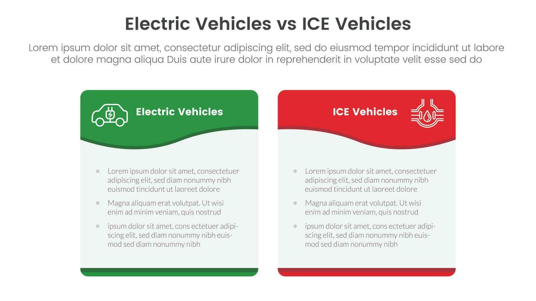 ev vs ice electric vehicle comparison concept for infographic template banner with wave swirl table box with two point list information vector