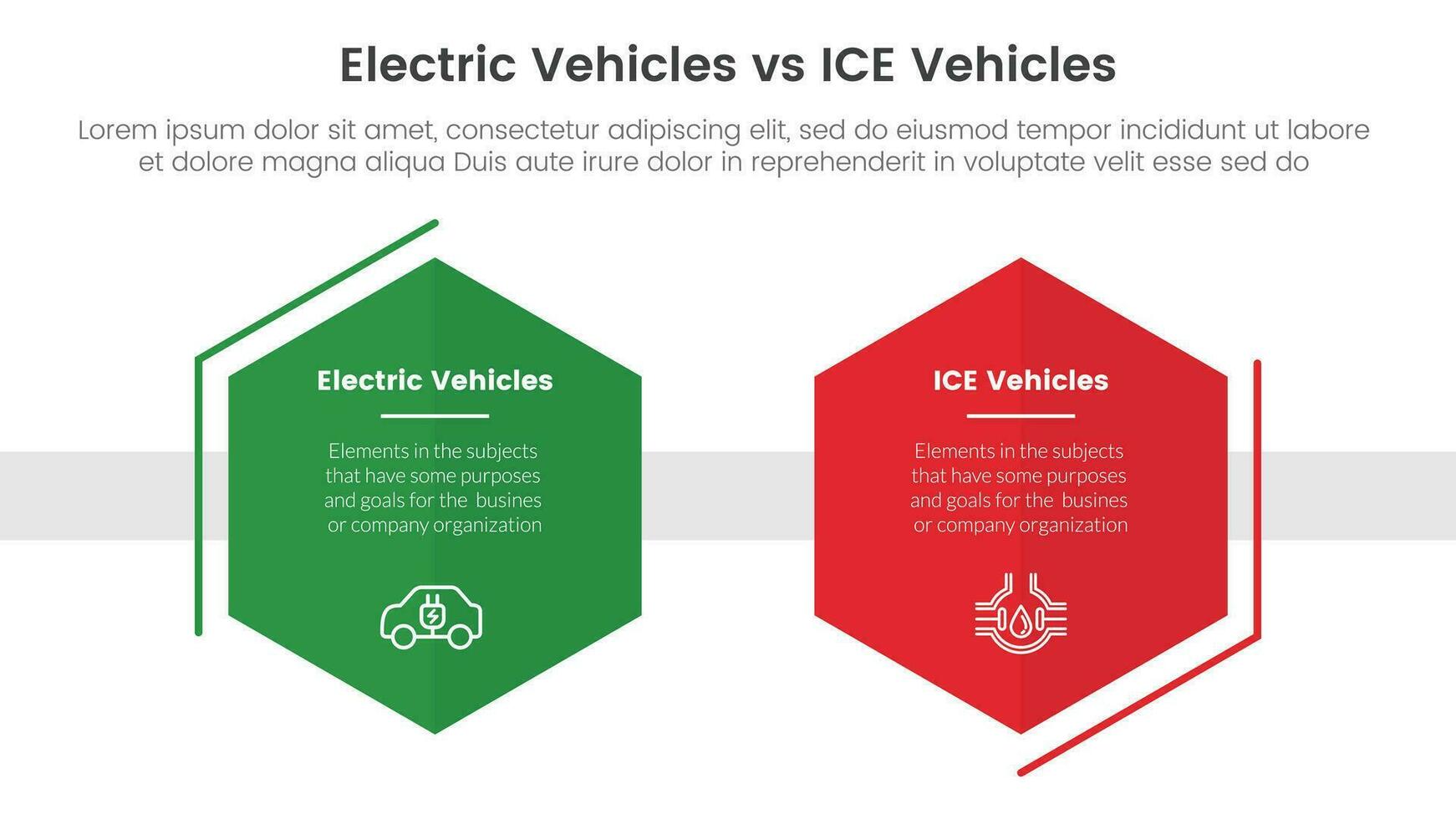 ev vs ice electric vehicle comparison concept for infographic template banner with honeycomb shape decoration with two point list information vector
