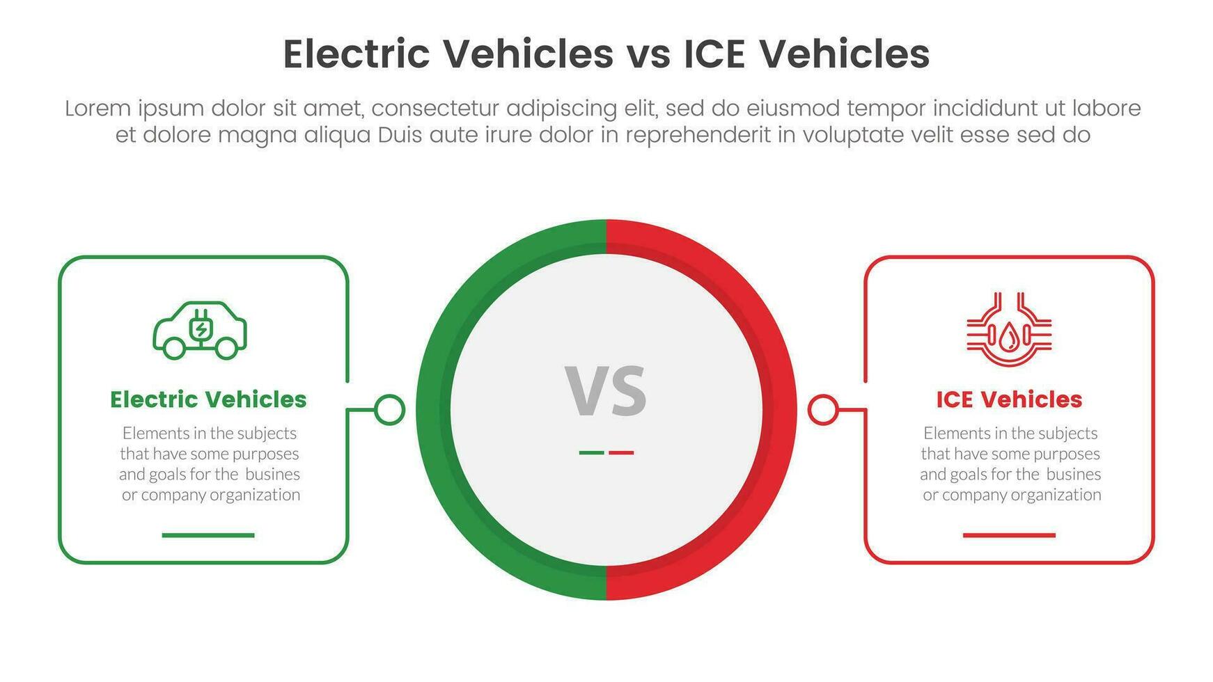 ev vs ice electric vehicle comparison concept for infographic template banner with big circle center and outline shape with two point list information vector