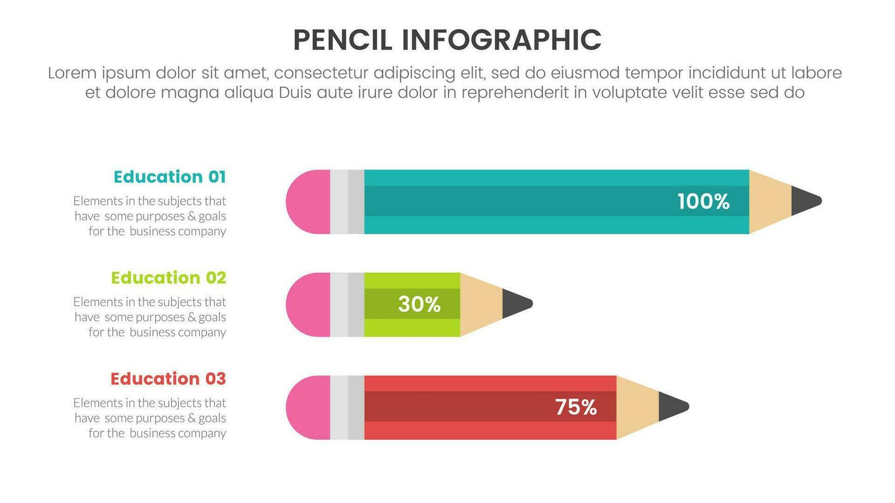 lápiz educación infografía 3 punto etapa modelo con largo lápiz porcentaje para diapositiva presentación vector