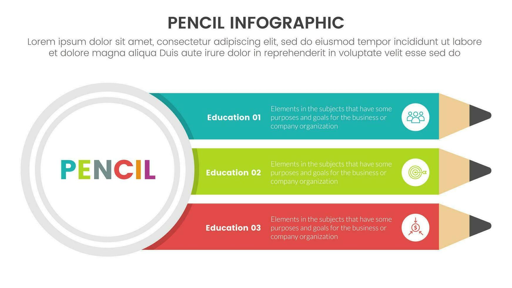 lápiz educación infografía 3 punto etapa modelo con grande circulo conectado con lápiz para diapositiva presentación vector