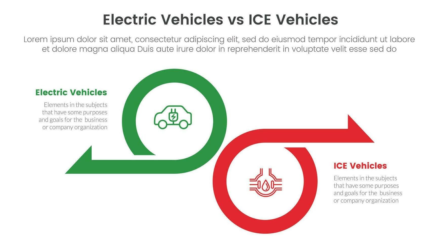 ev vs ice electric vehicle comparison concept for infographic template banner with big circle and arrow opposite direction with two point list information vector