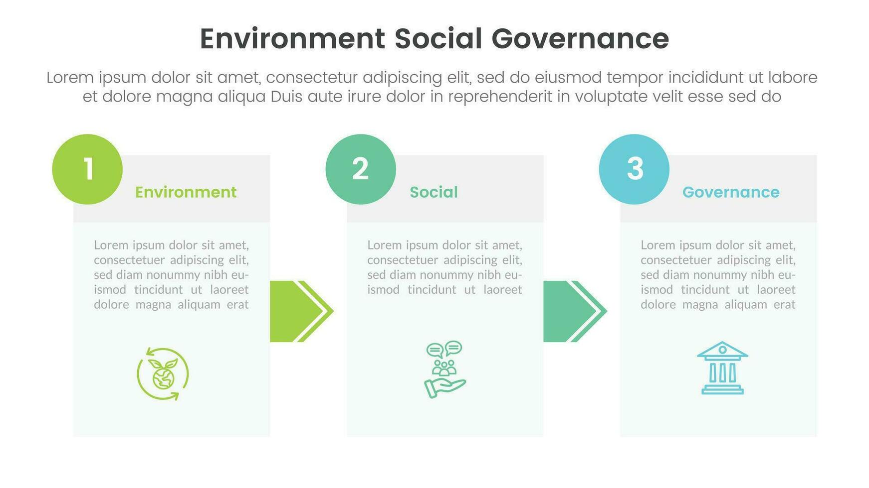 esg environmental social and governance infographic 3 point stage template with box information and arrow concept for slide presentation vector