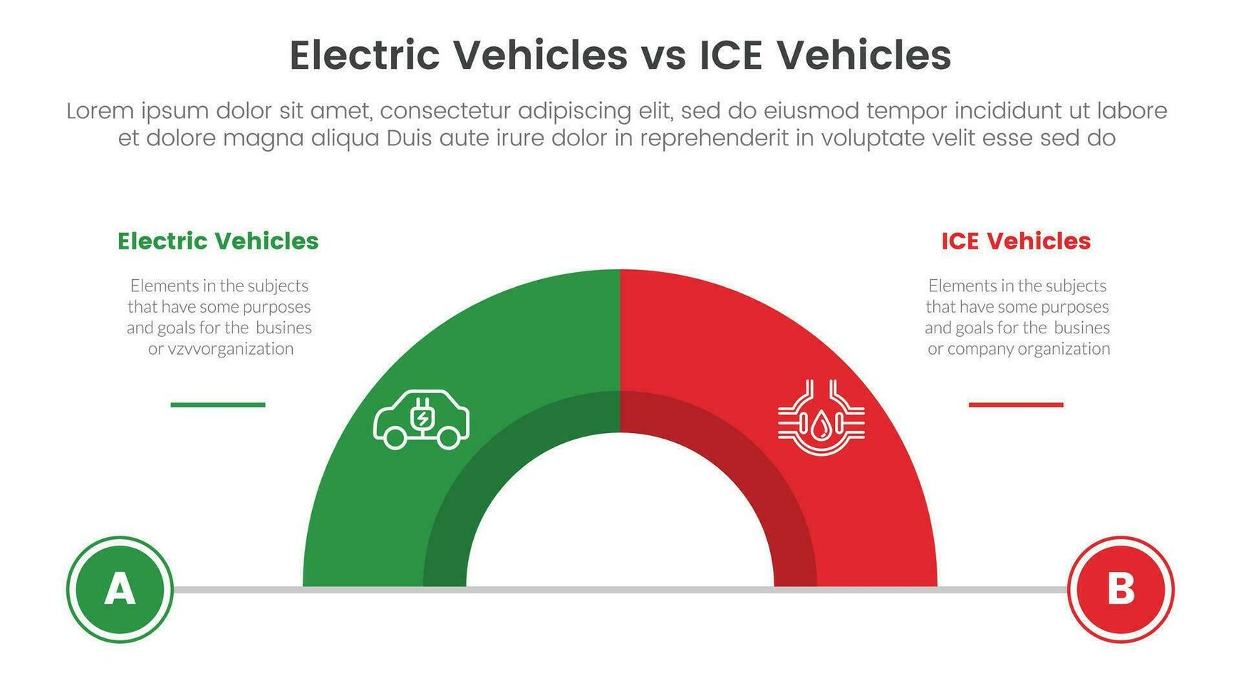 ev vs ice electric vehicle comparison concept for infographic template banner with half circle divided with two point list information vector