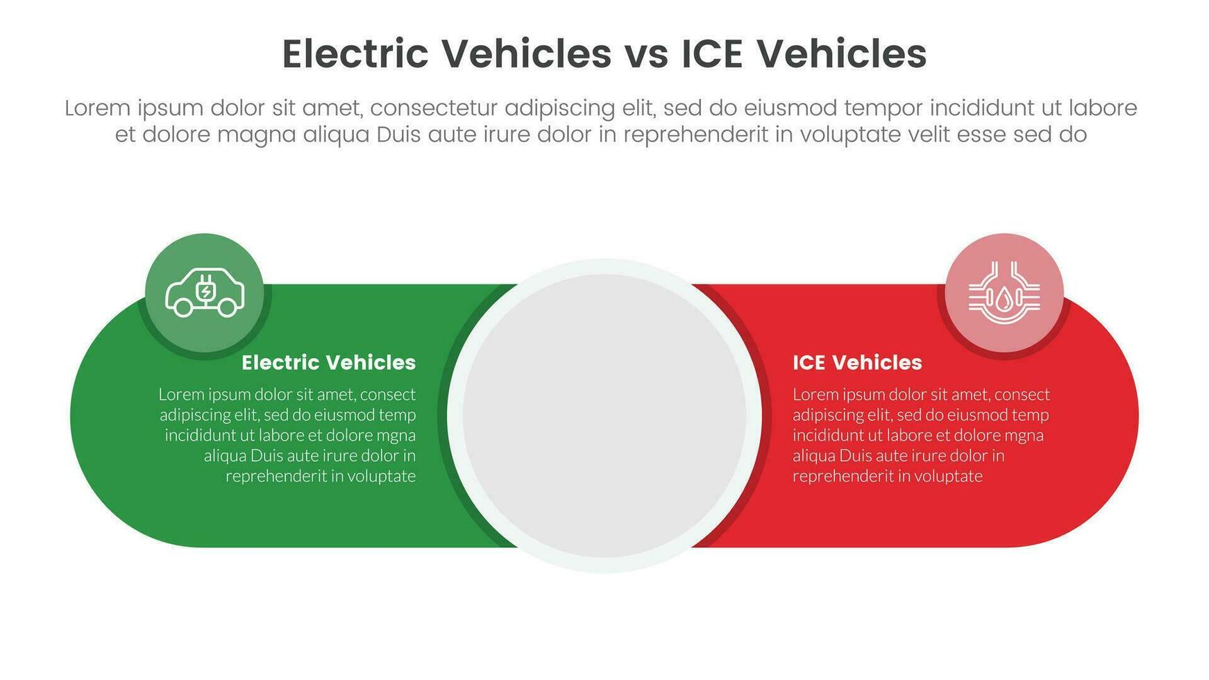 ev vs ice electric vehicle comparison concept for infographic template banner with big circle center and round shape with two point list information vector