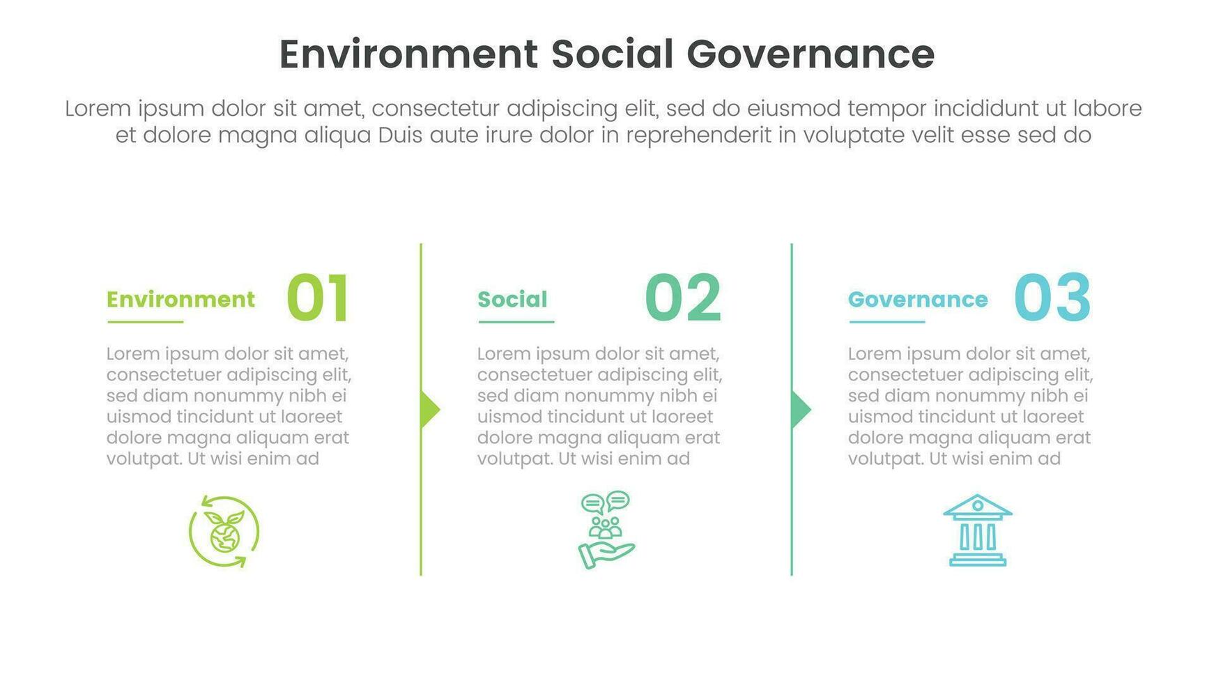 esg environmental social and governance infographic 3 point stage template with column description arrow outline concept for slide presentation vector