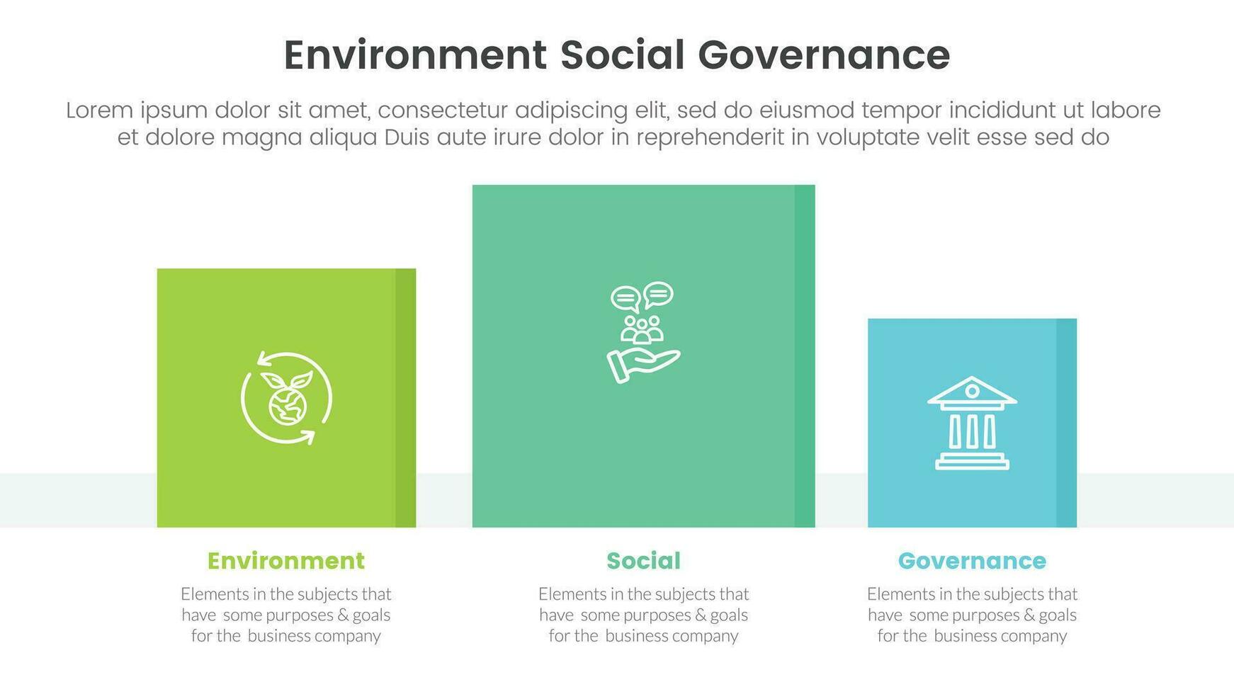 esg environmental social and governance infographic 3 point stage template with square data box right direction concept for slide presentation vector