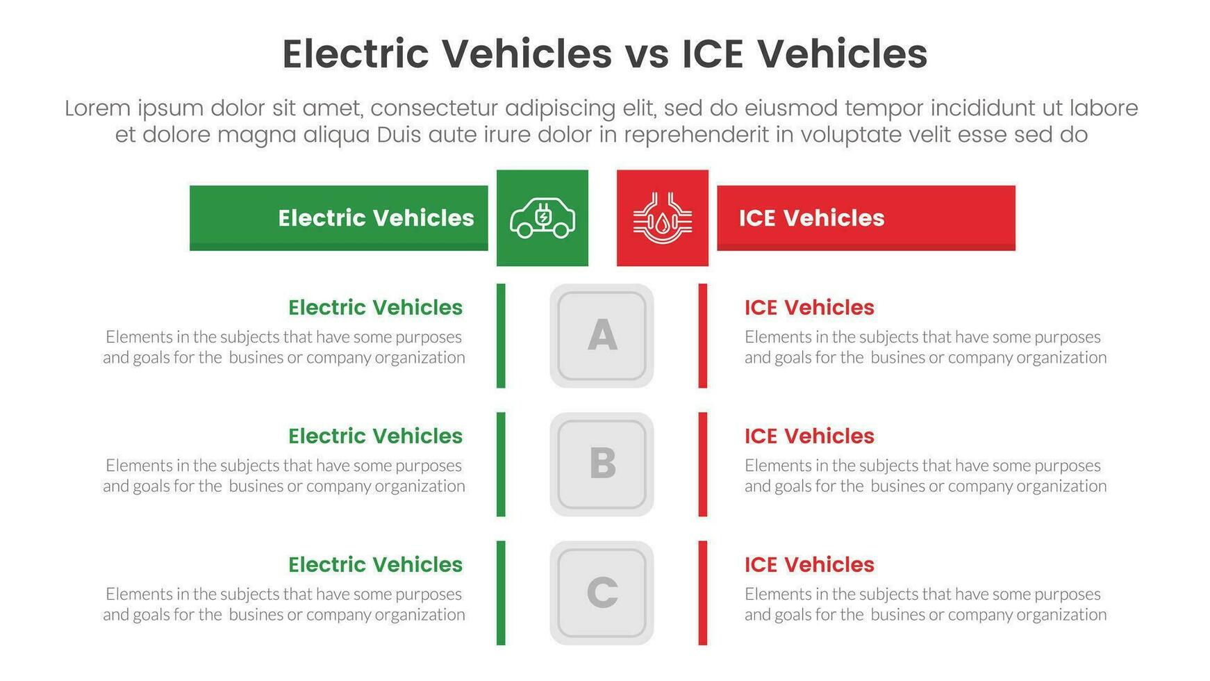 ev vs ice electric vehicle comparison concept for infographic template banner with box rectangle table opposite with two point list information vector
