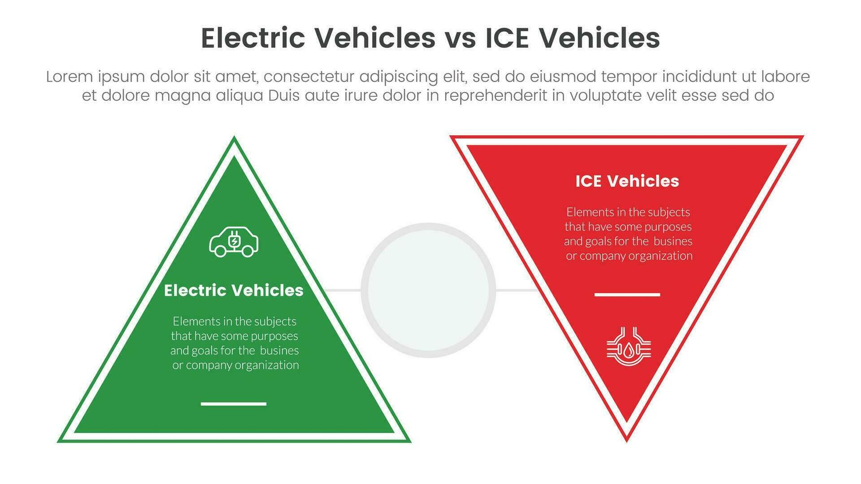 ev vs ice electric vehicle comparison concept for infographic template banner with triangle shape reverse with two point list information vector